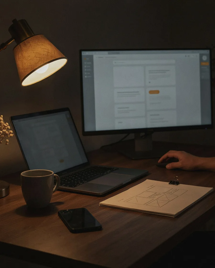 Schreibtisch am Abend: ein Laptop und ein großer Monitor mit einer Website, daneben Notizen, eine Tasse Kaffee und eine Lampe mit warmem Licht.