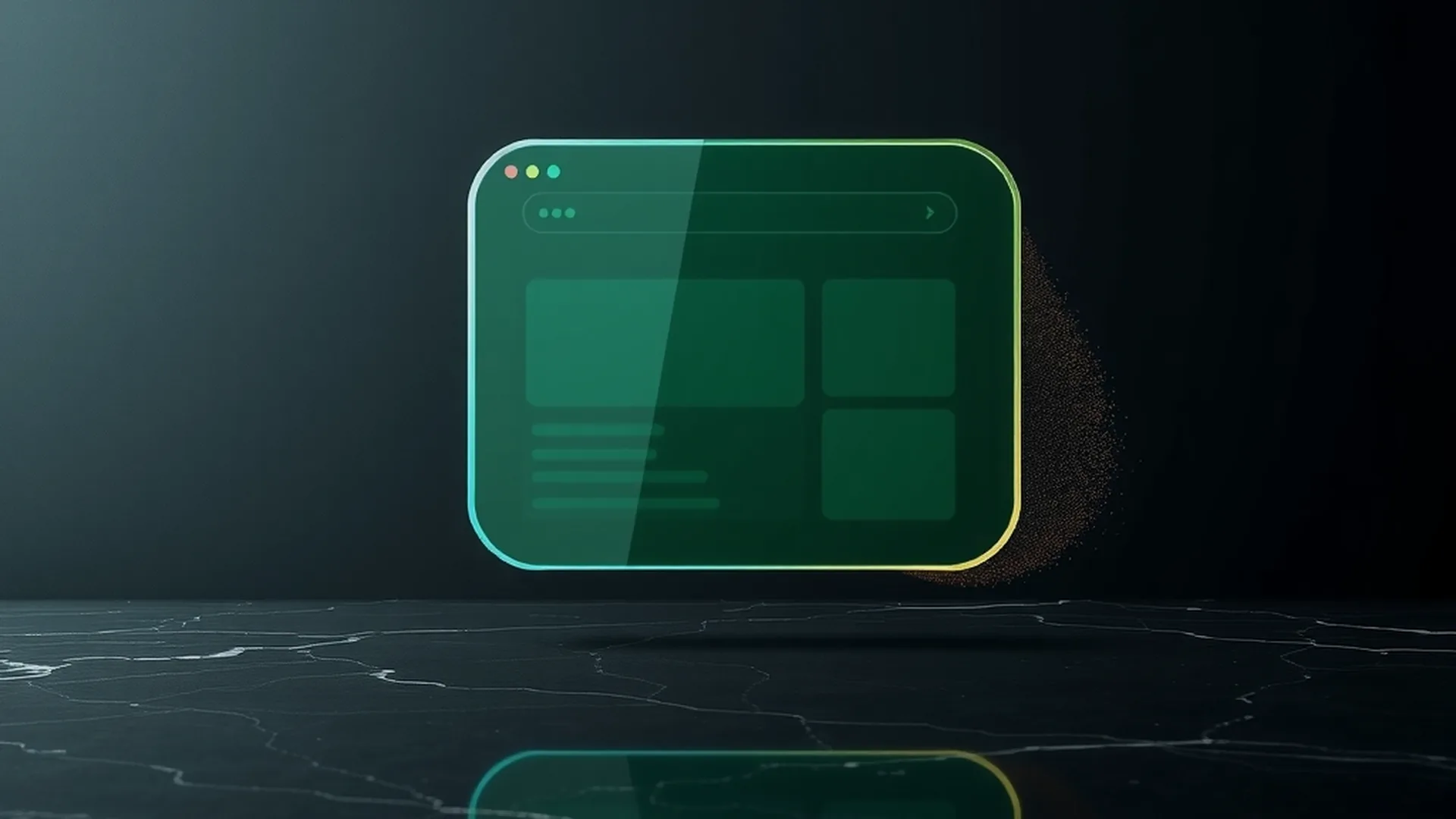 Schwebendes, wie aus Glas gebautes Browserfenster über einer dunklen Marmorfläche; sein Rand löst sich in goldene Lichtpartikel auf.