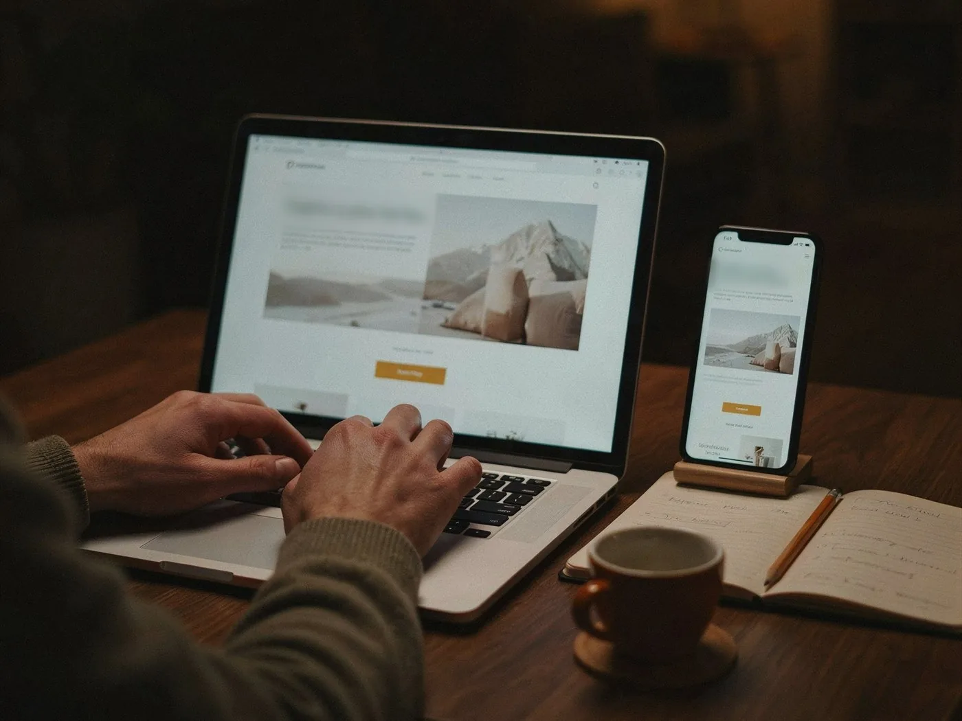 Hände auf einer Laptop-Tastatur, daneben ein Smartphone mit derselben Website, warmes Lampenlicht am Abend.