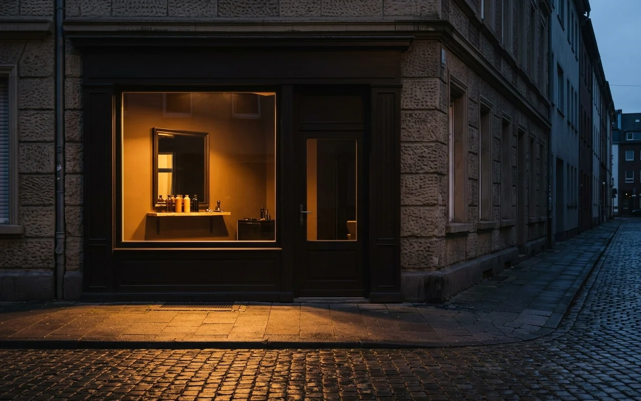 Eingang des Salons an der Citadellstraße in der Dämmerung, warmes Licht auf dem Kopfsteinpflaster