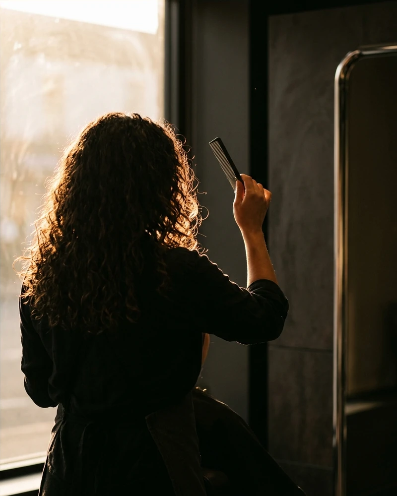 Stylistin von hinten vor dem Fenster, das Licht zeichnet die Locken als warmen Rand nach