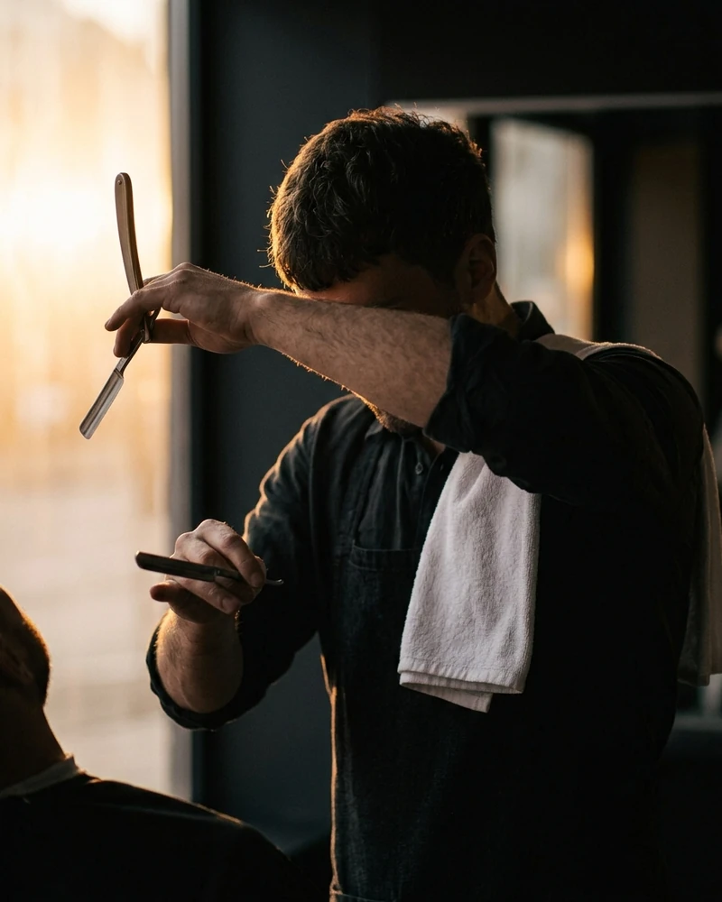 Barbier bei der Arbeit mit dem Rasiermesser, der erhobene Arm vor dem Gesicht