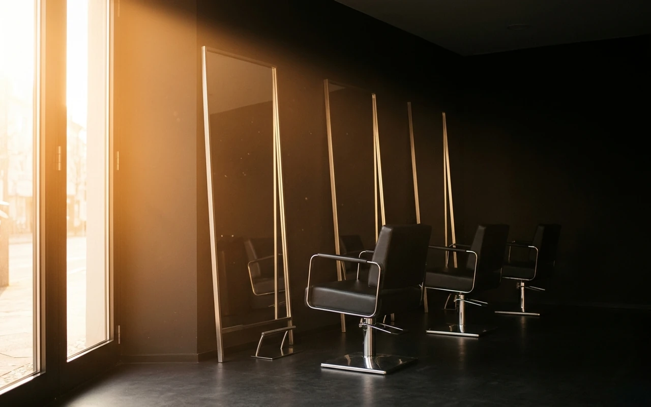 Leerer Salon gegen das Licht, drei Stühle in einer Reihe vor hohen Spiegeln