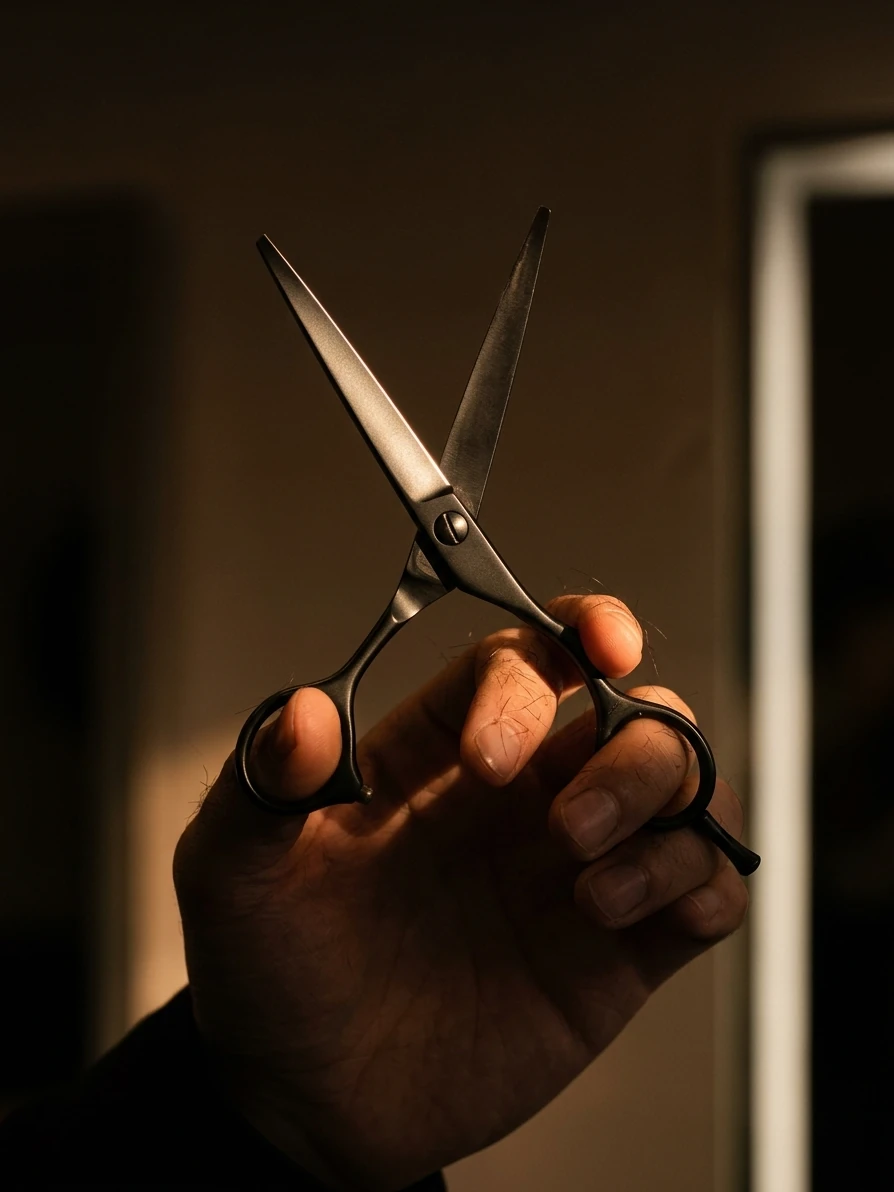 Professionelle Haarschere in einer Hand, das Licht liegt als eine Linie auf der Klinge